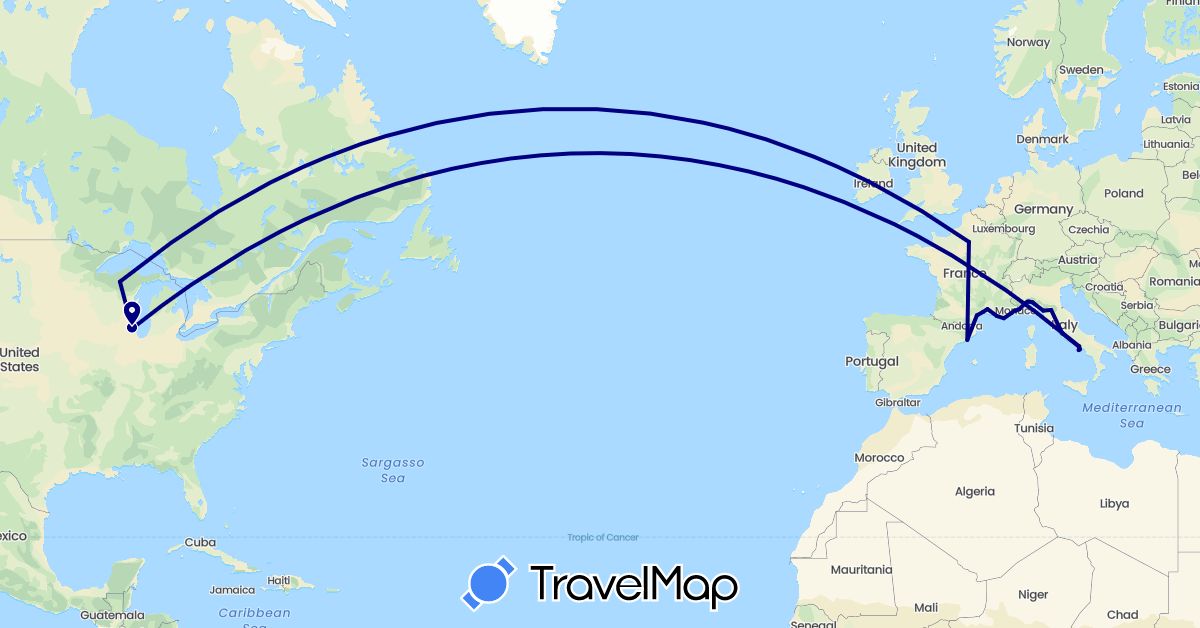 TravelMap itinerary: driving in Spain, France, Italy, Monaco, United States, Vatican City (Europe, North America)